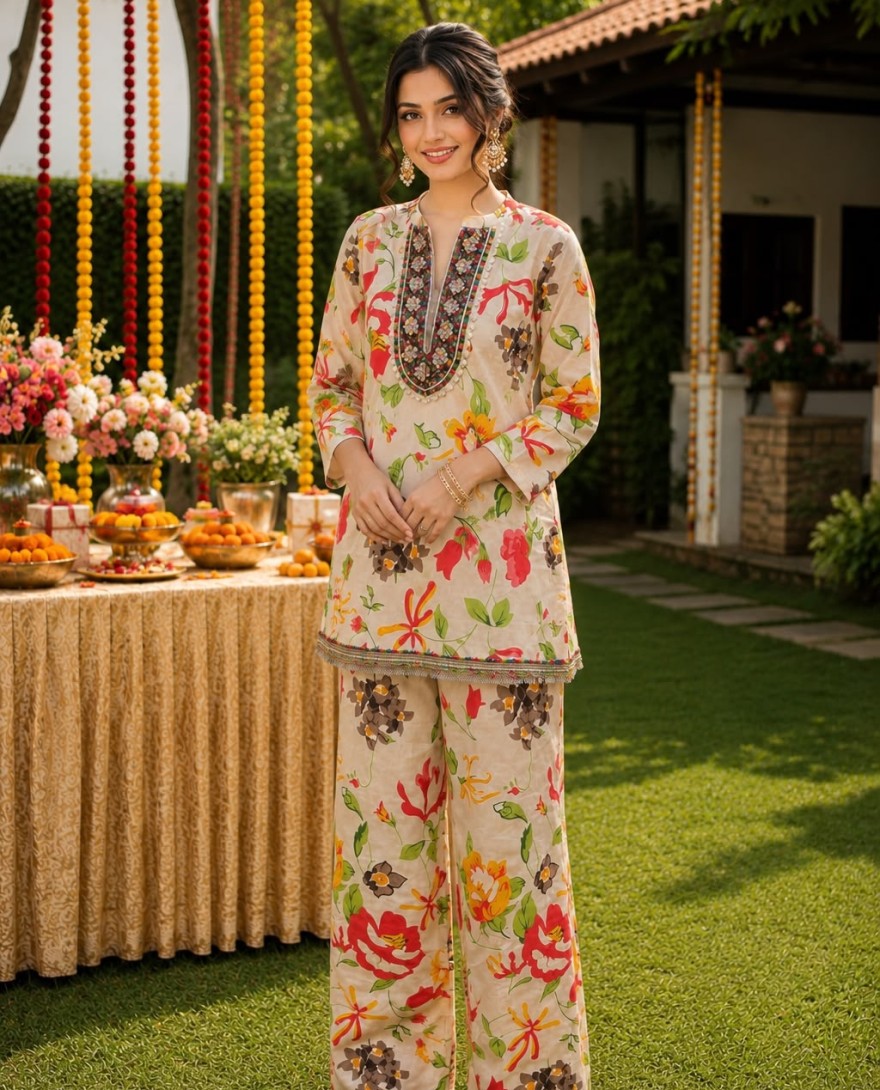 CREAM - Cream Poly Cotton Designer Kurti
